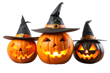 Three Jack o Lanterns Wearing Witch Hats on Transparent Background
