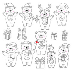 Christmas Bear Clipart Bundle &ndash; Cute Black and White Hand-Drawn Bears with Gifts, Winter Holiday Digital Illustrations