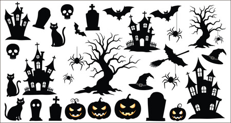 Vector art of assortment of halloween elements including haunted houses and pumpkins