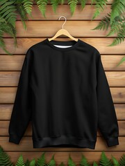 Black sweatshirt mockup on wooden background with ferns hanging on hanger for clothing brand promotion