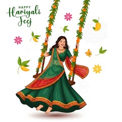Fototapeta premium Happy hariyali teej festival celebration woman swinging on decorated swing