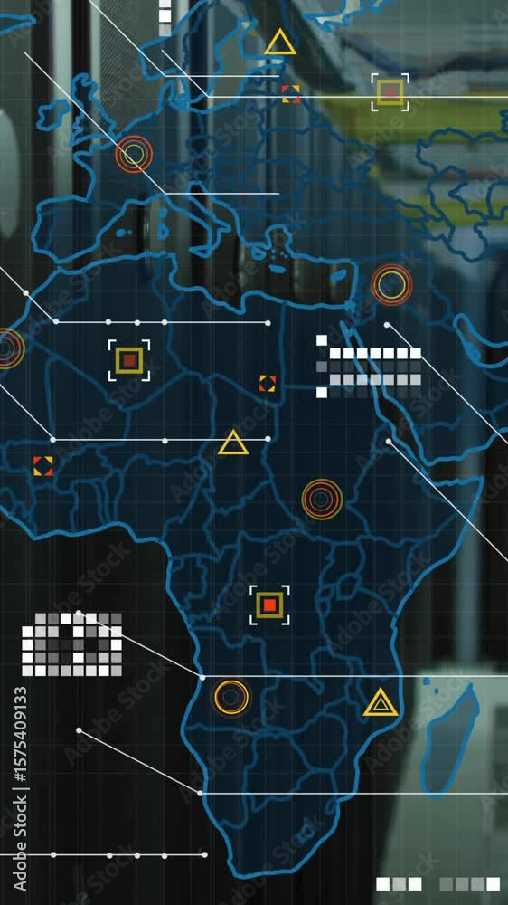 Poster animation of digital world map with data points and hexagonal patterns in office