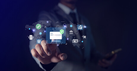 Secure online payment concept. Businessman verifying digital credit card transaction. Financial...