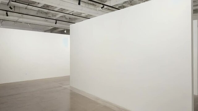 Empty art gallery with white walls and concrete floor awaiting artwork