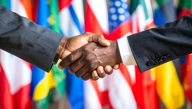 Close-up handshake of two dark-skinned men against international flags