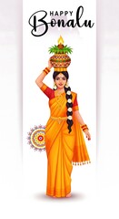 Happy bonalu festival celebration with woman carrying pot on head