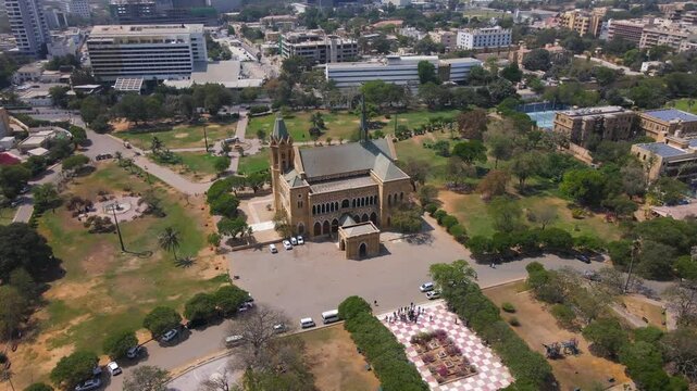 Aerial view of historical architecture and greenery, Pakistan.