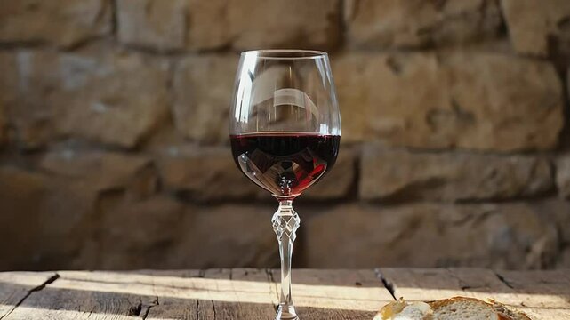 Glass of red wine and bread on rustic wooden table with stone wall background