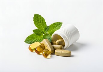 Natural Health Supplements and Pills with Fresh Mint Leaves on White Background