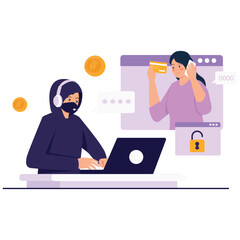 Cyber Crime Illustration. Vector illustration of A masked hacker tricks a woman into revealing her bank card and password through fake communication. Isolated on background