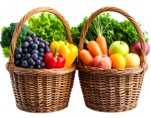 3D Twin Wicker Baskets with Assorted Fruits and Vegetables, on a transparent background PNG