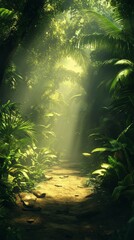 Walking Path Through Dense Green Jungle with Sunlight