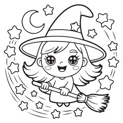 Cartoon witch flying on broom with stars and moon outline