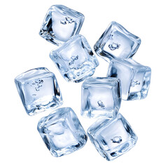 Obraz premium Transparent Ice Cubes Falling on White Background