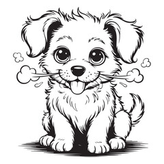 Cartoon puppy sitting with a bone in its mouth black white