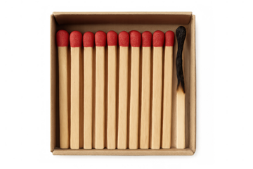 Burnt matchstick among unused matches, symbolizing individual struggle, workplace burnout, and unique difference against transparent setting