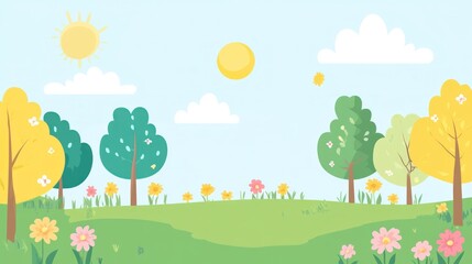 Springtime landscape with trees and flowers