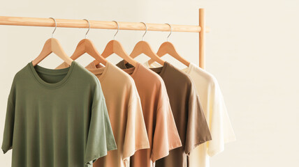 Obraz premium A minimalist clothing rack with five wooden hangers displaying a color gradient of garments.