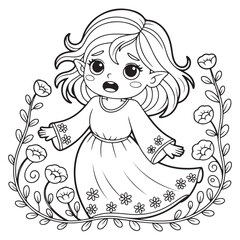 Outline of a girl in a dress surrounded by flower vines