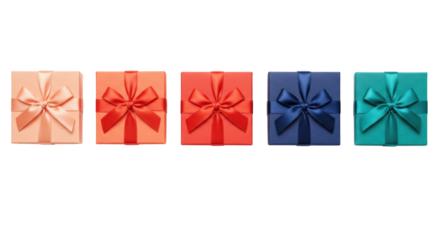 Five square gift boxes (peach, coral, red, navy blue, teal) with elegant satin bows, horizontal on a transparent studio background, top-down, commercial product presentation concept
