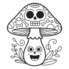 Cartoon mushroom with skull and bones black and white art