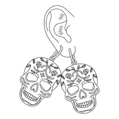 Ear with skull earrings in line art style illustration