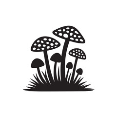 Black silhouette of fly agaric mushrooms growing in grass against white background