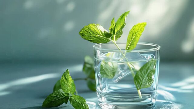 Refreshing summer drink with ice and mint leaves on blue background