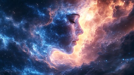 Dreamy illustration of a woman's profile embedded in a cosmic universe image