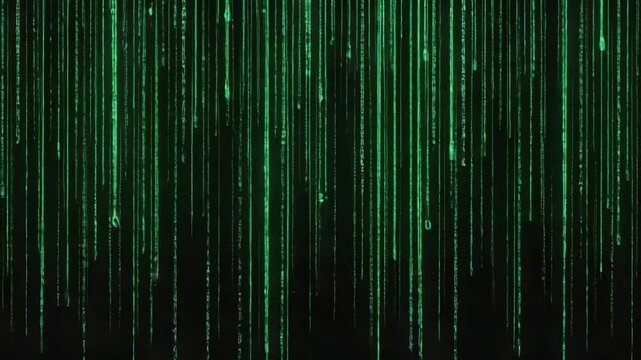 green falling digital code rain on black background, matrix-style stream of binary digits, tech glitch effect  - Powered by Adobe