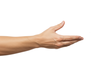 Light-skinned human hand with clean nails and lower forearm extended, palm slightly open, fingers curled, poised for holding or presenting an invisible object against a transparent background with