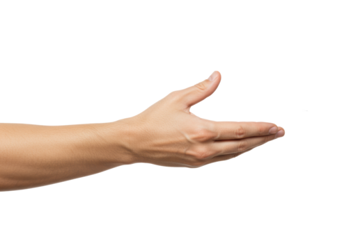 Light-skinned human hand with clean nails and lower forearm extended, palm slightly open, fingers curled, poised for holding or presenting an invisible object against a transparent background with