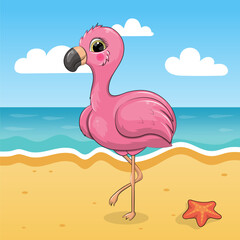 A Cute Cartoon Pink Flamingo on the Beach. Summer animal vector illustration with sea, sun, sand, starfish.