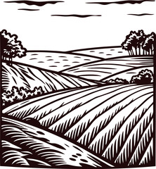 Vintage engraved illustration of rural farmland landscape with rolling fields and trees under cloudy sky