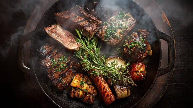 Overhead shot of a sizzling cast iron skillet filled with assorted grilled meats, vegetables, and herbs, emitting steam. Dark background enhances the food's rich colors.
