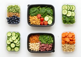 Colorful Fresh Healthy Food Meal Prep Containers Overhead on White Background