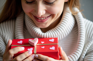A woman holding a red gift box with pink hearts on it.