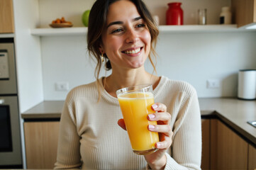 A woman holding a glass of orange juice in her hand.