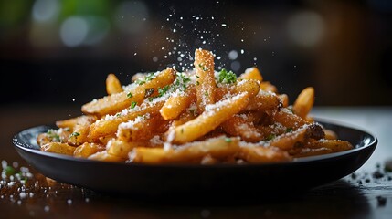 Delicious french fries are being sprinkled with parmesan cheese and garnished with parsley flakes on a dark plate, showcasing a tempting culinary delight.