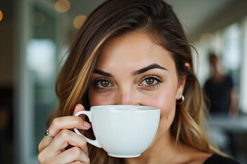 A woman holding a white cup in front of her face.