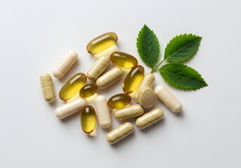 Assorted Nutritional Supplements and Natural Green Leaf on Clean White Background