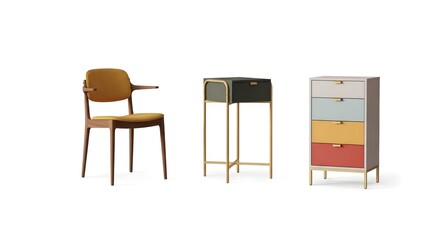 Modern Colorful Furniture Pieces Isolated on Clean White Background for Home Decor