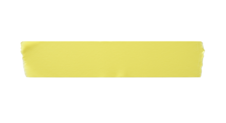 A single, horizontal strip of bright yellow masking tape with a subtle textured surface and rough, naturally torn edges, isolated on a pristine, plain white background with bright, even, shadowless