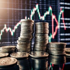 Stacks of coins sit before a financial chart depicting market fluctuations