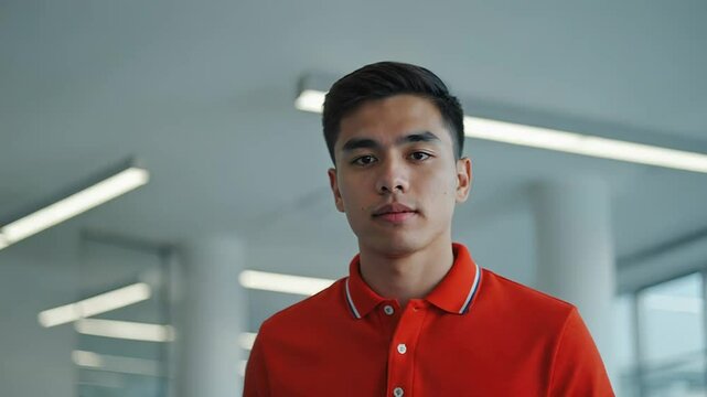 Young asian man wearing red polo shirt standing in modern office building
