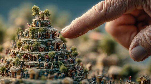 Giant digital hand interacts with miniature landscape, revealing intricate details of tiny figures and structures, sparking creativity and wonder