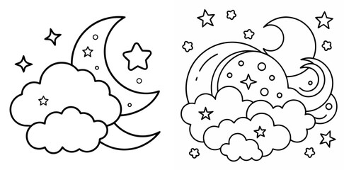 Fototapeta premium Clouds Stars Moon Coloring Book Page Outline Design
