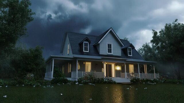 Flooded house during night storm with dramatic clouds and rain