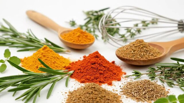 Assortment of herbs and spices arranged with wooden spoons and a whisk set against a white backdrop
