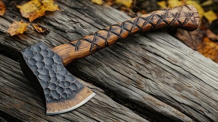 Rustic axe resting on wooden surface, showcasing sturdy craftsmanship, ideal for outdoor use, isolated.